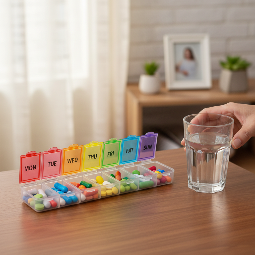 Weekly pill organizer with medication compartments