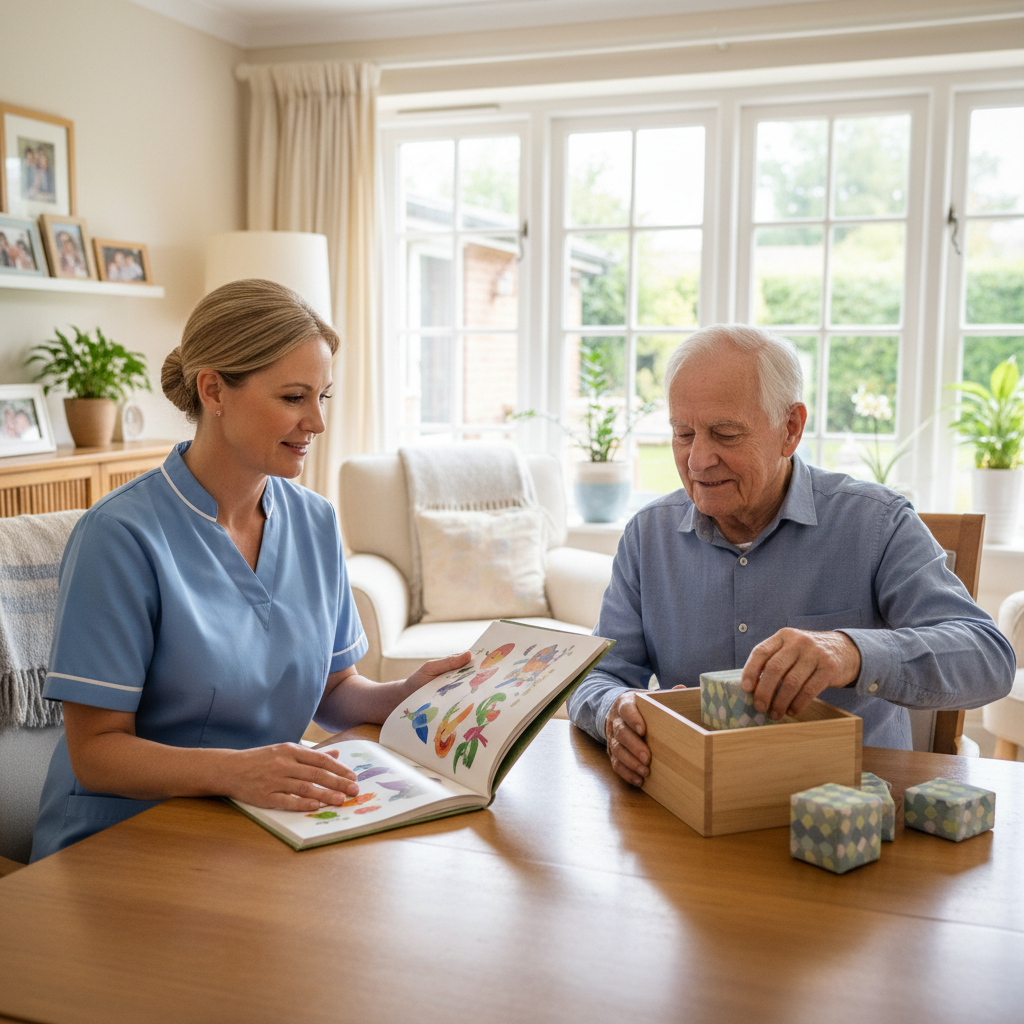 Specialized caregiver supervising senior with dementia in safe home setting