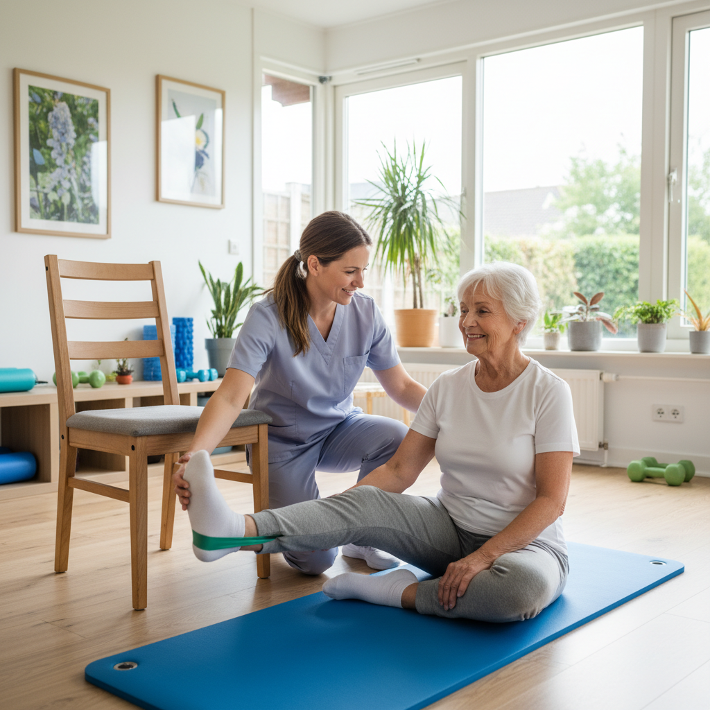 Elderly person doing prescribed mobility exercises with caregiver guidance