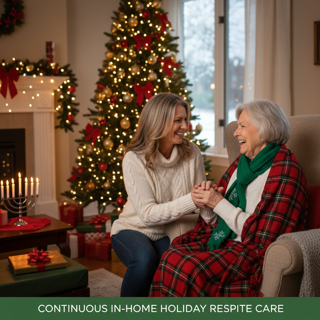 Caregiver providing holiday in-home care for elderly person