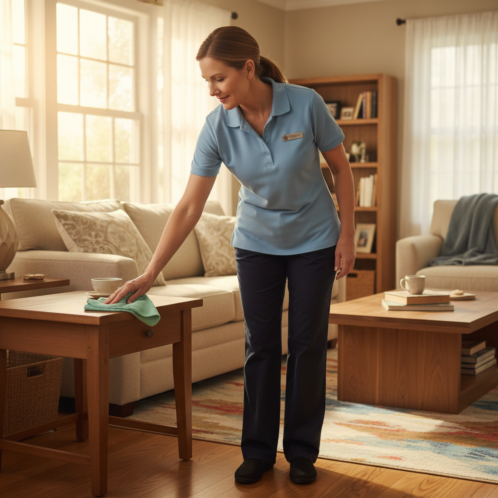 Caregiver doing light housekeeping in a bright living room