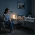Caregiver sitting beside elderly person's bed at night