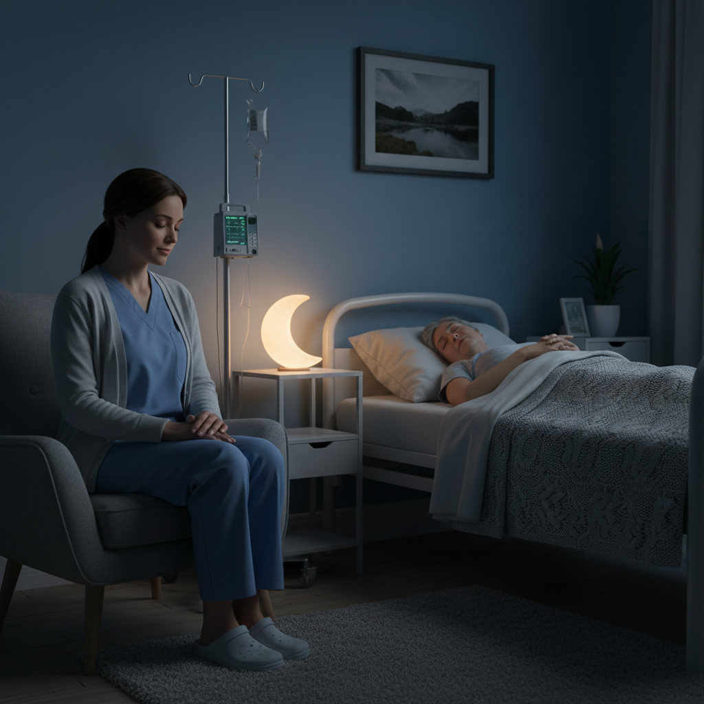 Caregiver sitting beside elderly person's bed at night