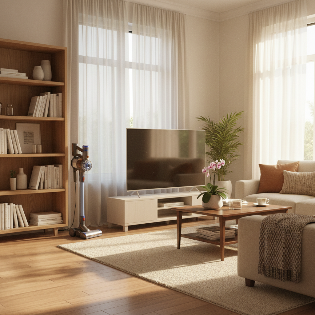Clean tidy living room with morning sunlight