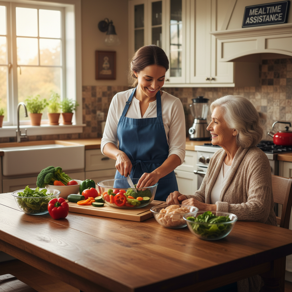 Caregiver preparing a healthy meal in client's kitchen