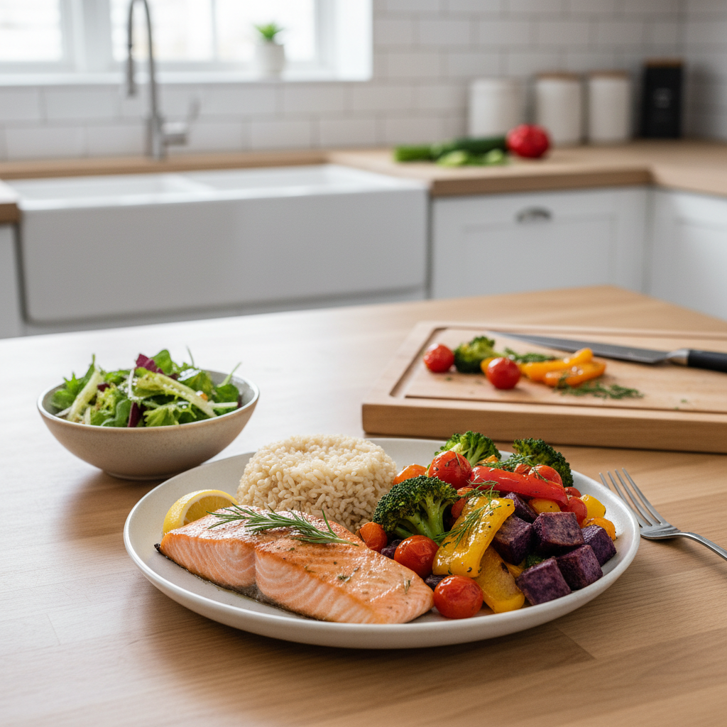 Freshly prepared healthy meal on kitchen table