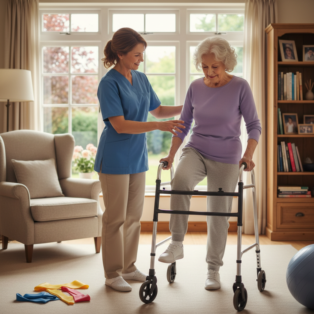 Caregiver coaching elderly person through mobility exercises at home