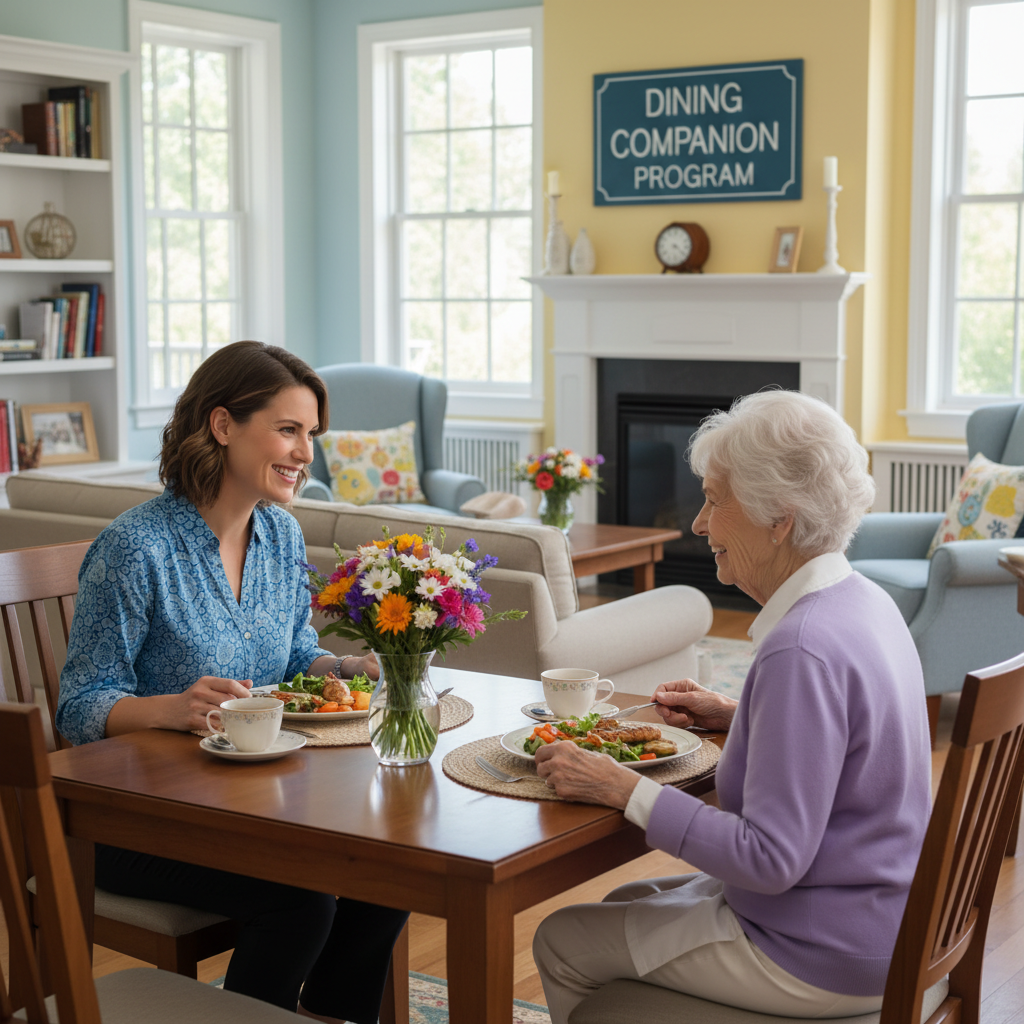 Caregiver sharing a meal and conversation with elderly client