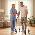 Caregiver helping post-surgery patient with mobility at home