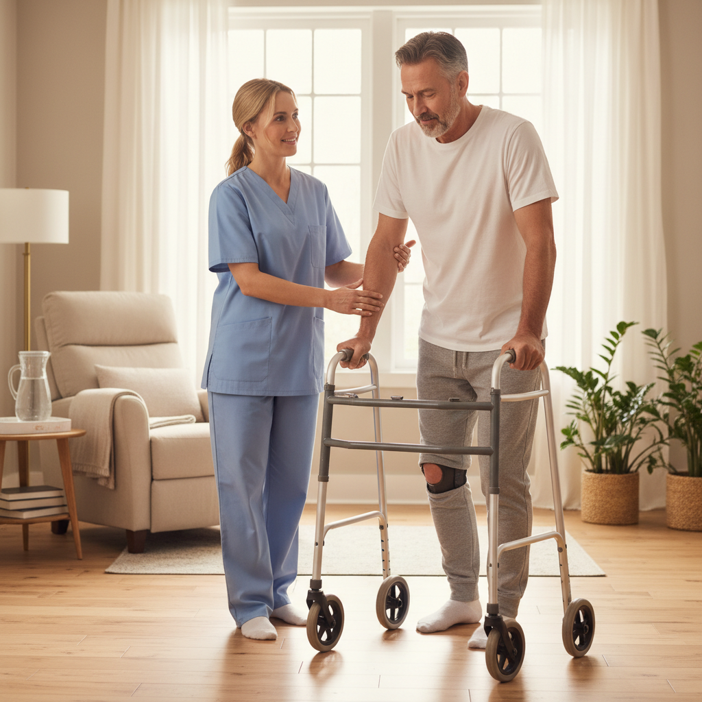 Caregiver helping post-surgery patient with mobility at home