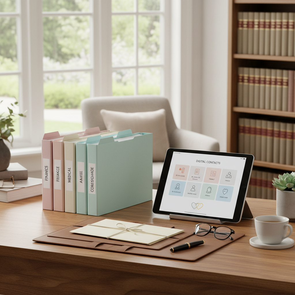 Neatly organized folders and digital contacts for senior personal organization