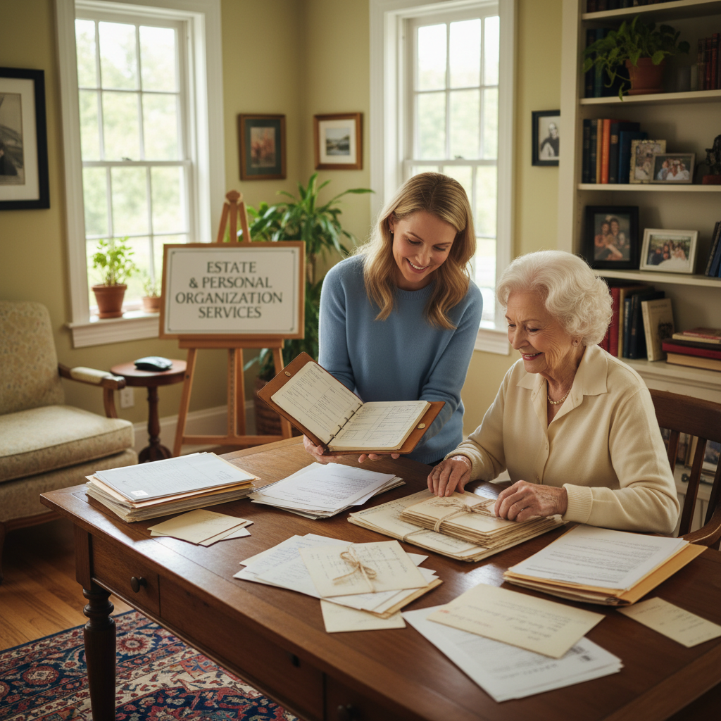 Caregiver helping senior organize personal documents and correspondence