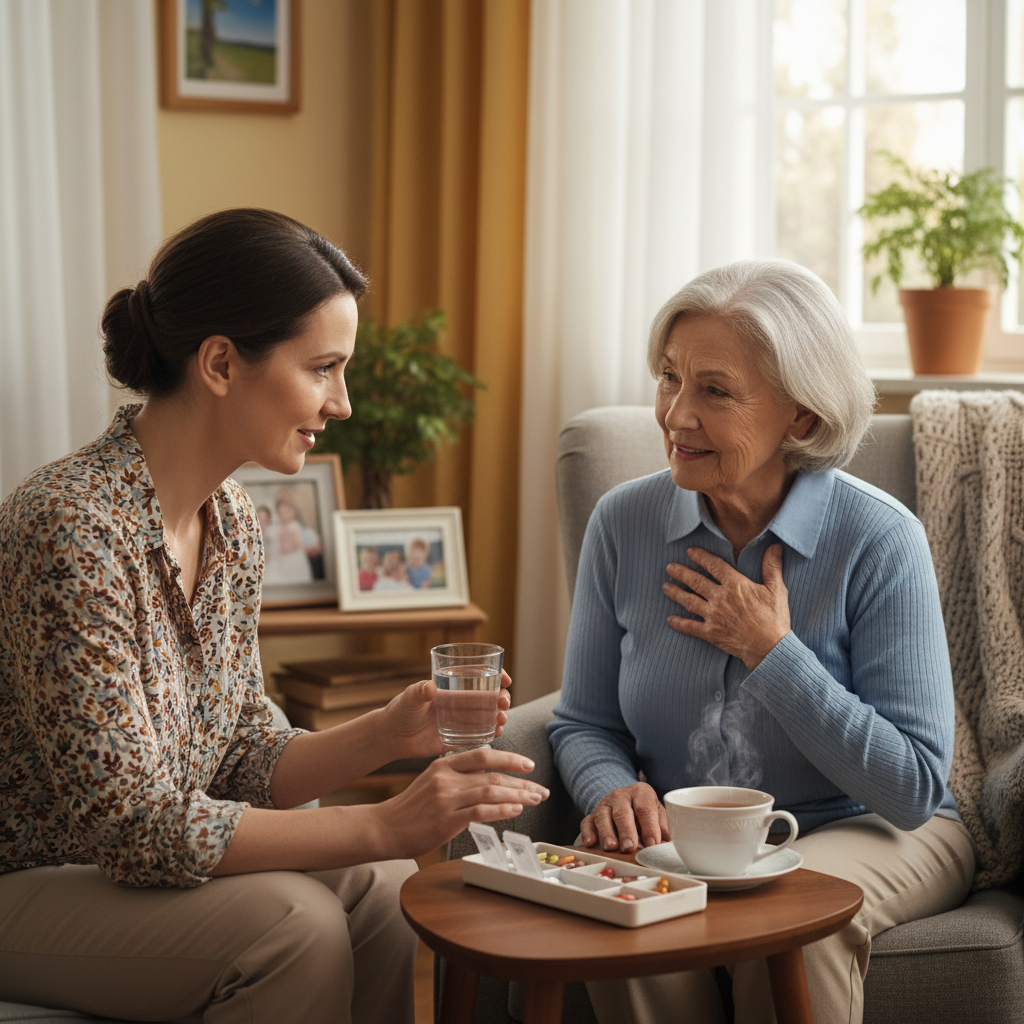 Caregiver reminding elderly person about medication