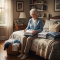 Caregiver folding clean laundry on a bed