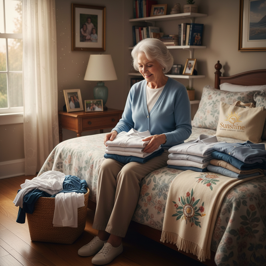 Caregiver folding clean laundry on a bed