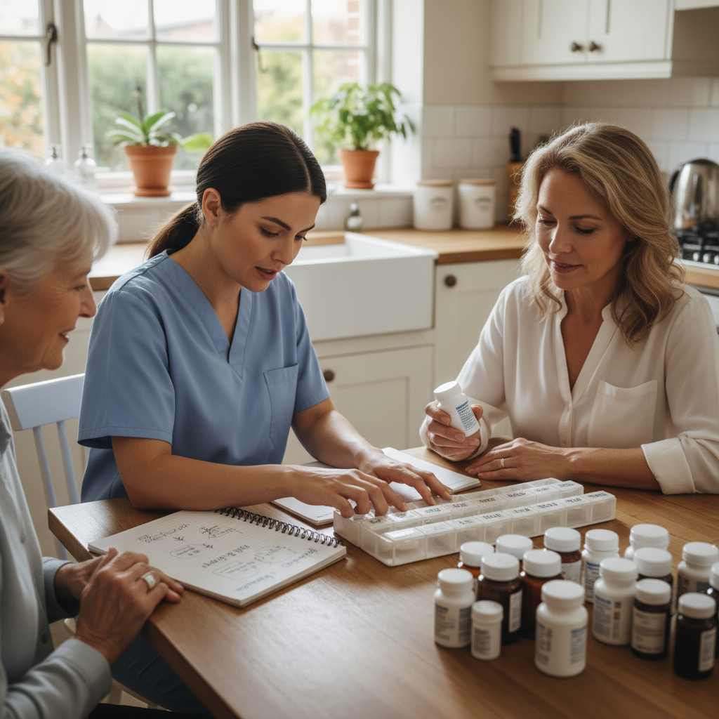 Family member learning medication management from professional caregiver