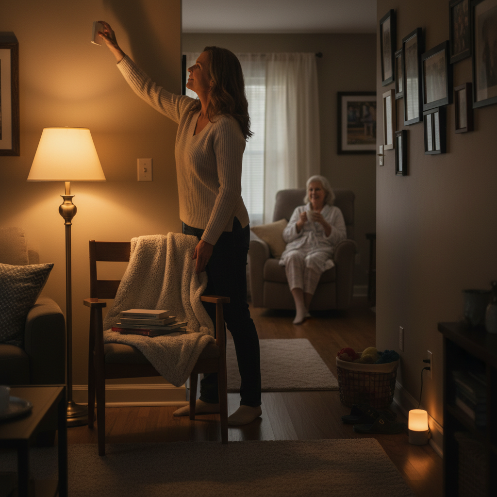 Caregiver checking home safety in the evening
