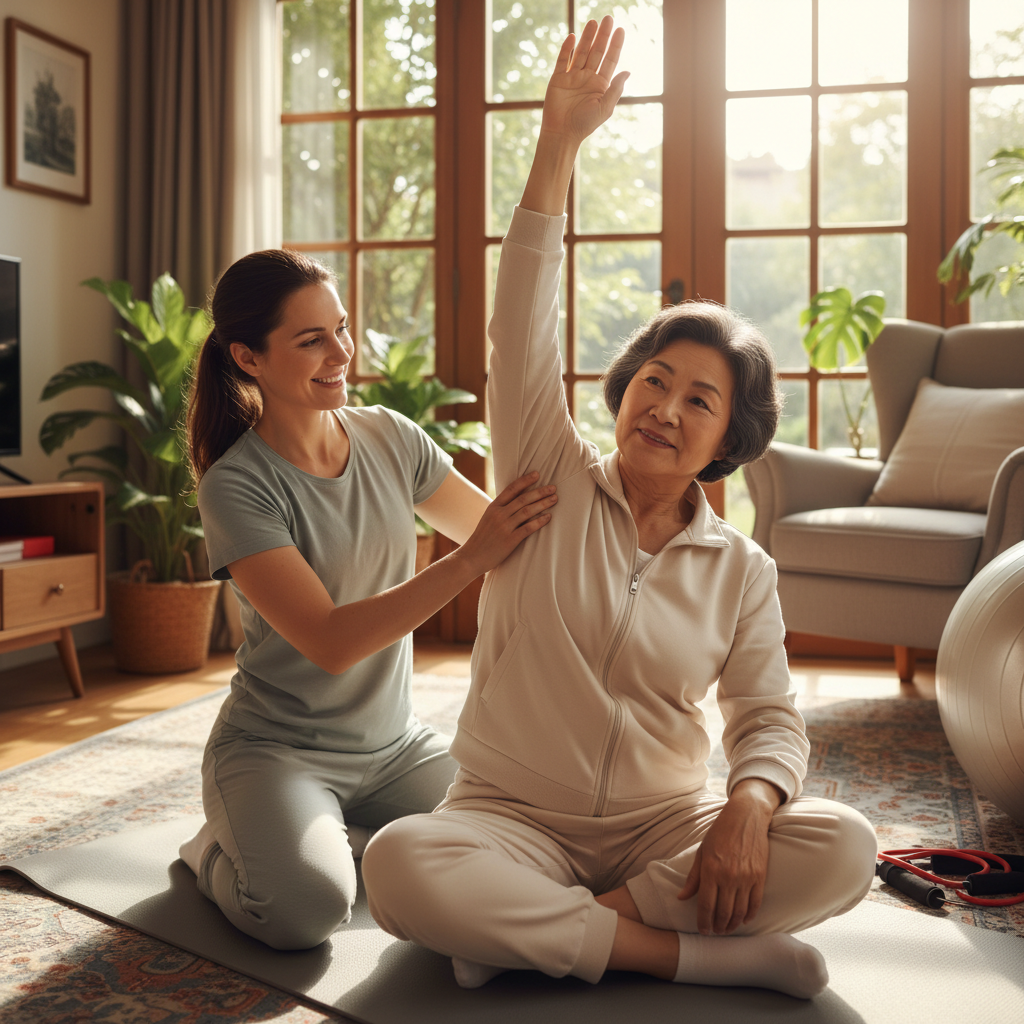 Caregiver encouraging elderly person with gentle stretching exercises