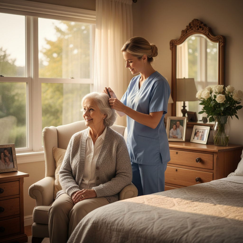 Caregiver assisting elderly person with grooming and dressing