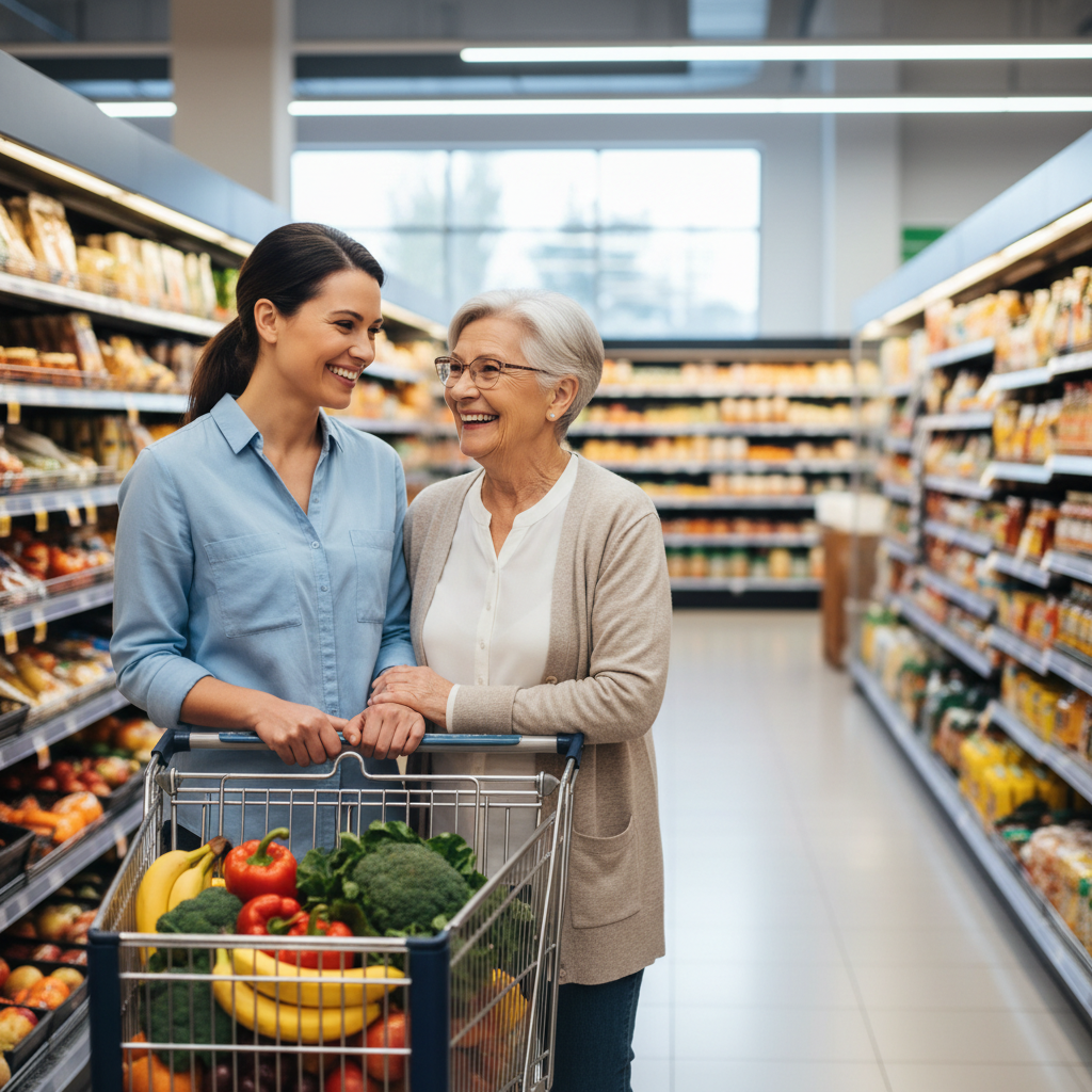 Caregiver and senior client shopping together