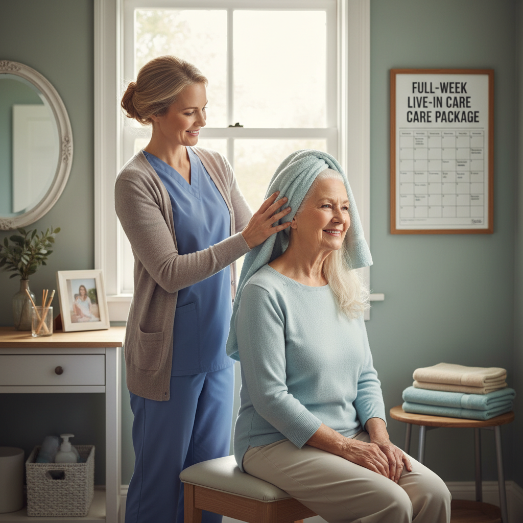 Live-in caregiver assisting elderly person with morning personal care