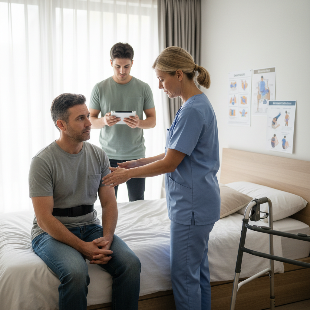 Professional caregiver demonstrating safe transfer techniques to family member