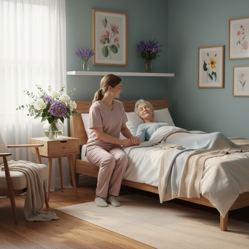 Serene bedroom with caregiver holding elderly person's hand