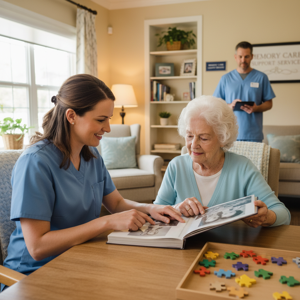 Caregiver engaging elderly person with memory loss in gentle activity