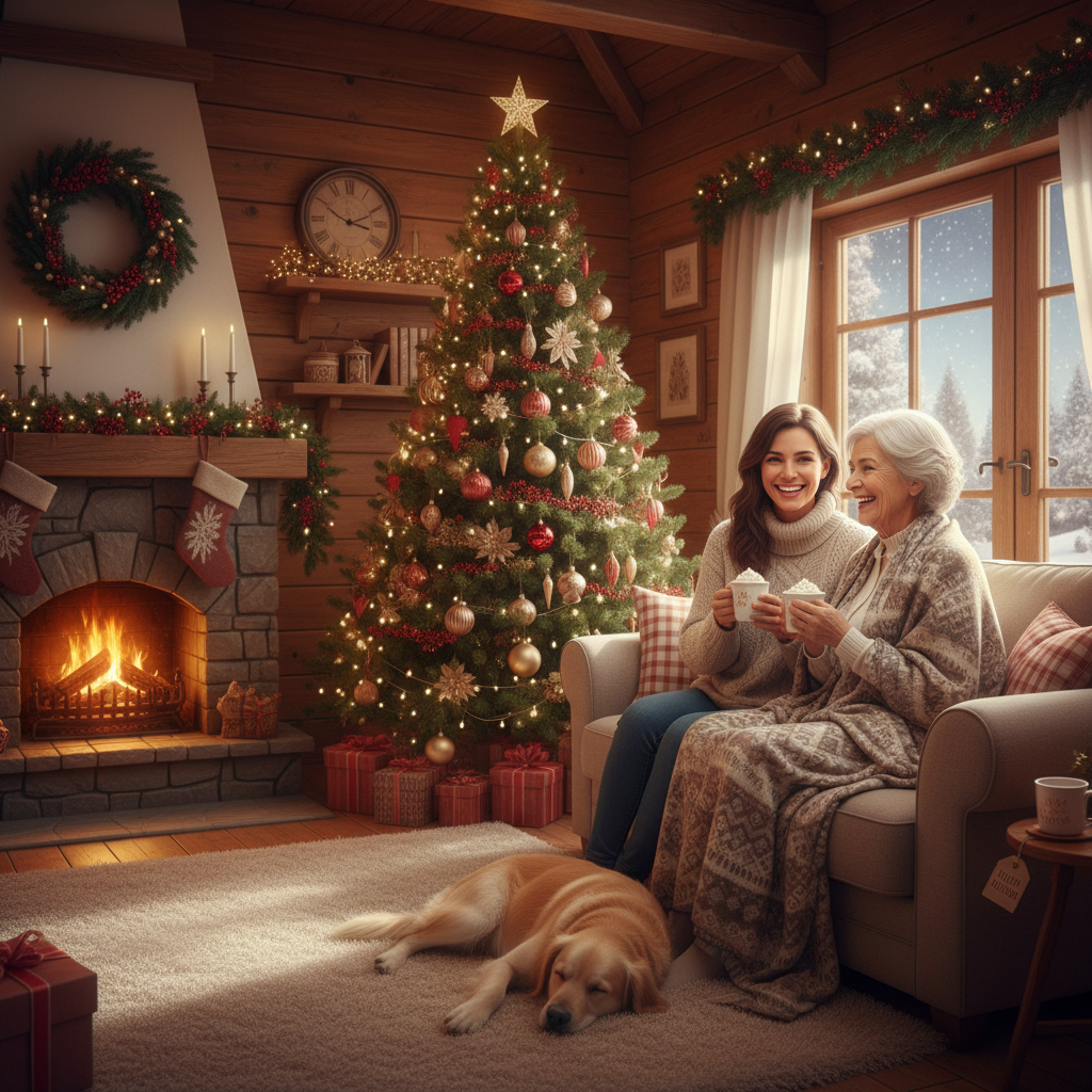 Caregiver and elderly client enjoying festive holiday moment at home