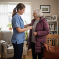 Caregiver helping elderly person prepare for medical appointment