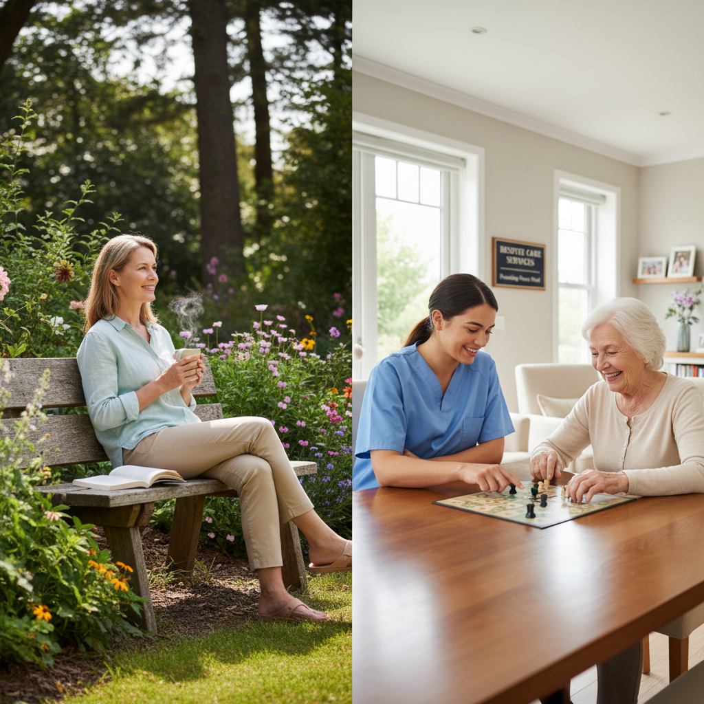 Family caregiver taking a break while professional caregiver supervises