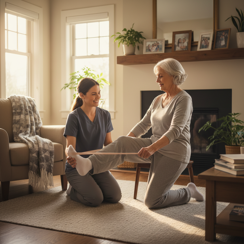 Elderly person doing light exercises with caregiver supervision