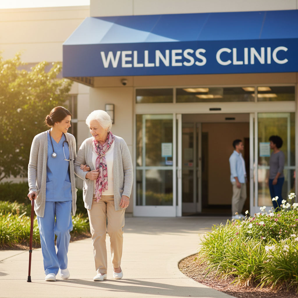 Caregiver and senior walking to medical clinic