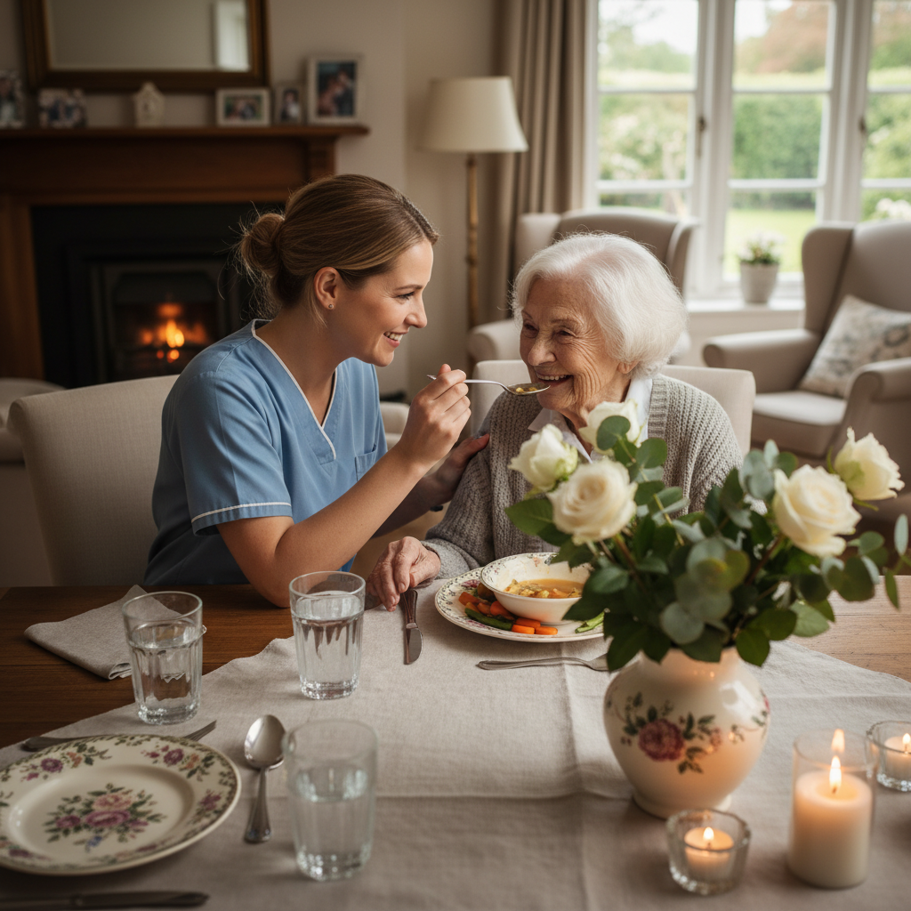 Caregiver assisting elderly person with eating at dining table