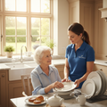 Caregiver helping clean up dishes after a meal