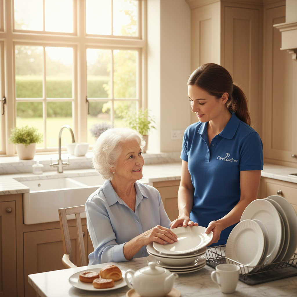 Caregiver helping clean up dishes after a meal