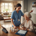 Caregiver helping hospital discharge patient settle into home