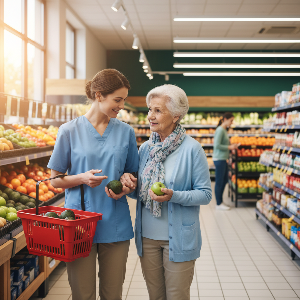Caregiver accompanying elderly person in grocery store