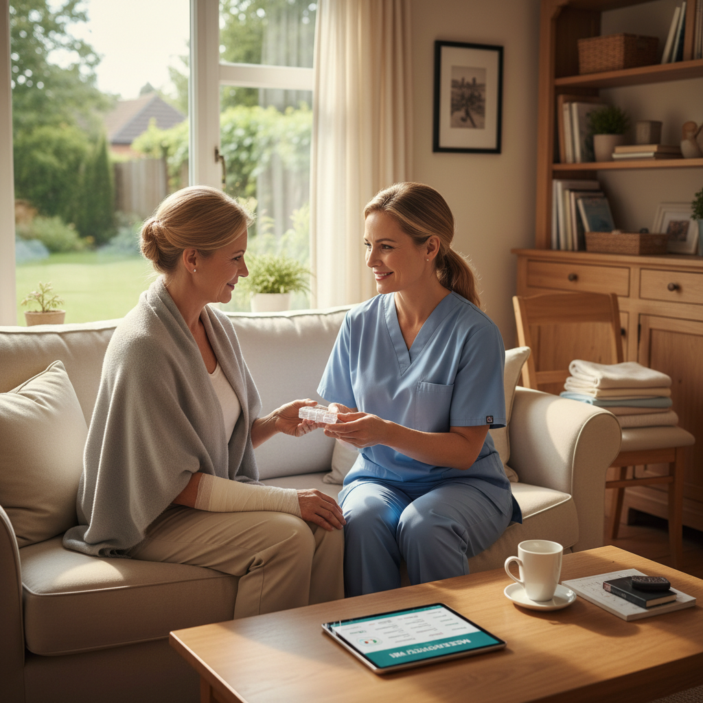 Caregiver assisting recovering patient with medication and light tasks