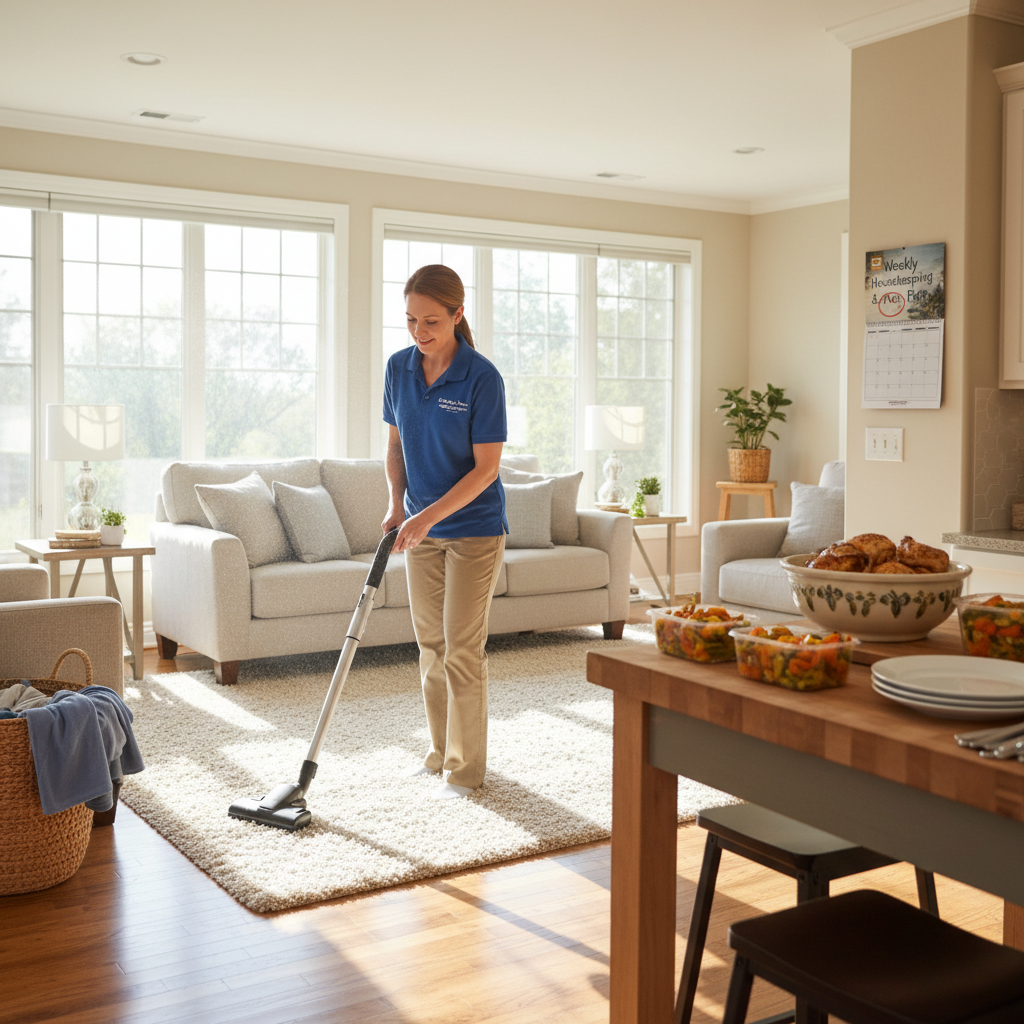 Caregiver cleaning home while meal sits on kitchen counter